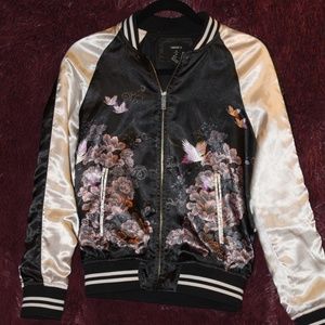 Bird and flower print leather mens jacket